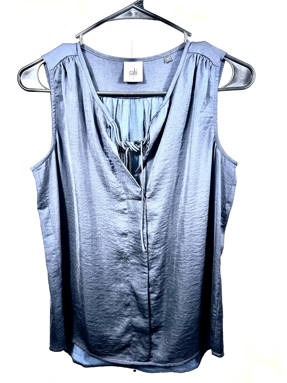 L82. CAbi Light Blue Satin Tie-Front Sleeveless Camisole